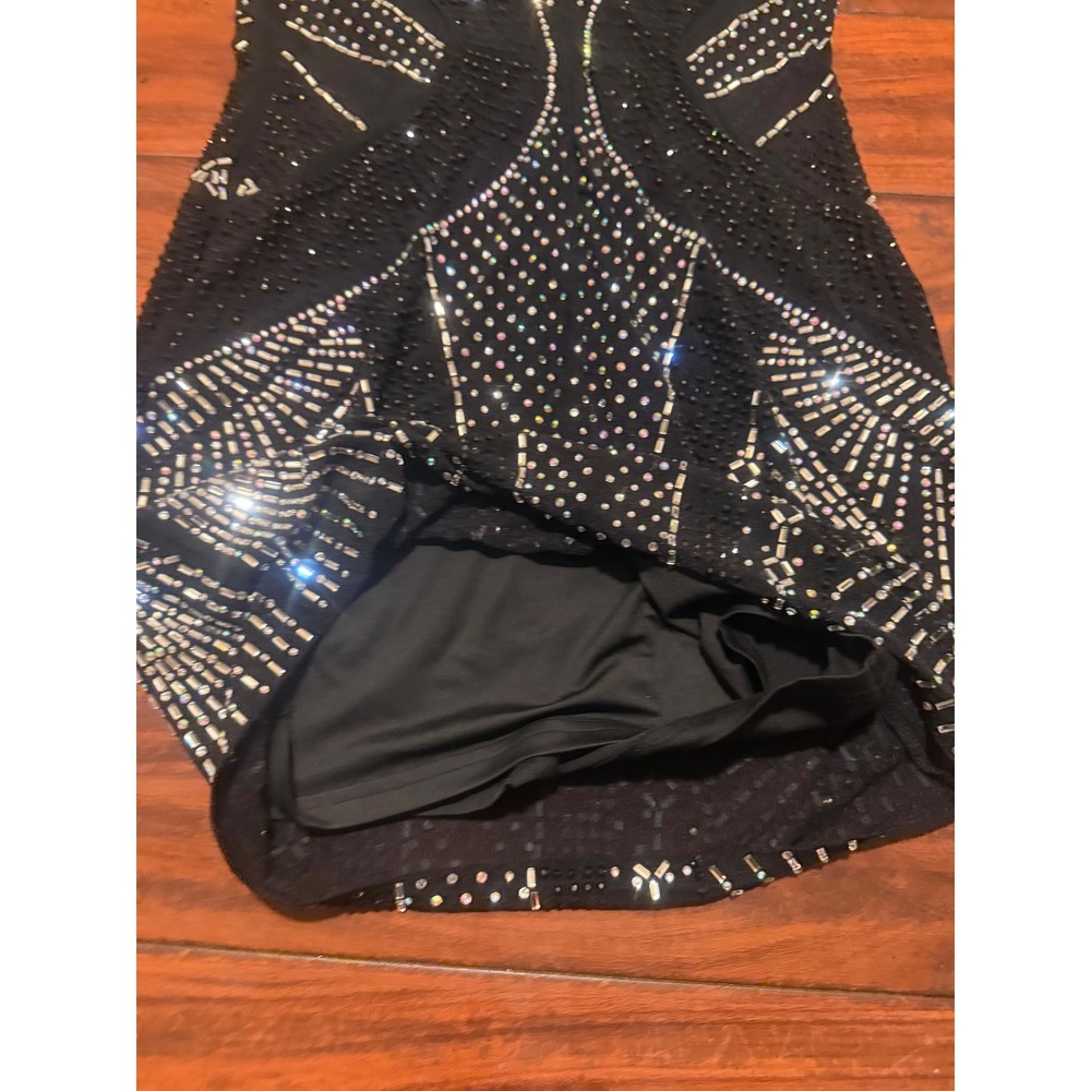 Banjul Black Rhinestone Studded Mesh Mini Dress High Neck Bodycon Sleeveless - Picture 9 of 11